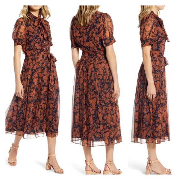 1901 Floral Print Pearl Button Pleated Chiffon Midi Dress L - Picture 9 of 13